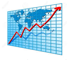 red line chart going up on world map blue background