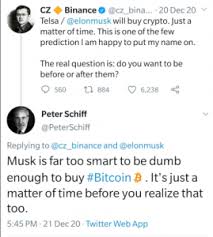 After a long and cryptic series of tweets on bitcoin (btc), spacex and tesla ceo elon musk elaborated his stance on cryptocurrencies in a jan. Haunted By Past Elon Musk Predictions Gold Bug Peter Schiff Tears Into Tesla S Btc Acquisition Economics Bitcoin News
