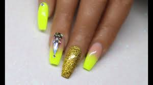 Bright jump color cute cartoon pattern fake nail pink orange yellow. Neon Yellow Acrylic Nail Art Youtube