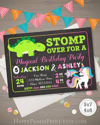 Unicorn and dinosaur party invitations. Unicorn And Dinosaur Birthday Invitation Joint Birthday Etsy Joint Birthday Parties Dinosaur Birthday Invitations Double Birthday Parties