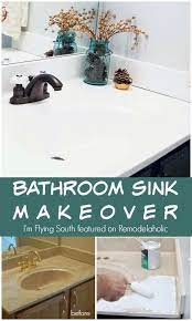 Painted Bathroom Sink Makeover Easy Diy Project I M Flying South Featured On Remodelaholic Com Painted Bathroom Countertop Makeover Diy Bathroom