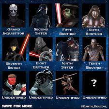 All The Inquisitors Via Darth Deacon The Last Pictured Unidentified Female Inquisitor Is Jerserra From S Star Wars Villains Star Wars Empire Star Wars Books