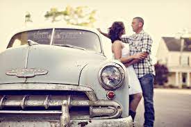 Raleigh Nc Wedding Photography Car Engagement Photos Couple Posing Car Themed Wedding