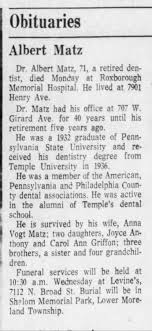 Obituary dentist Albert Matz Oct 25, 1978 Philadelphia Inquirer p.46