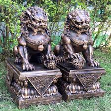 Eastcode tibet silver red jade dragon phoenix ball foo fu dog guardion lion pair statue collectible old handwork copper silver bronze. Bronze Chinese Fu Temple Lions Foo Dogs Statue