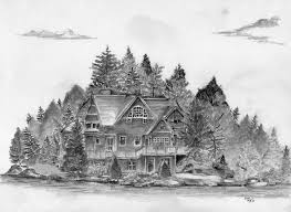 Black And White Pencil Drawings Of Nature Cottage On A Lake Pencil Sketch On Normal Sketchpad Paper Risunok Karandashom Risunok Karandash