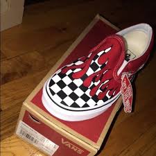 Vans Classic Slip On Checker Flame Vans Red Vans Outfit Custom Painted Shoes