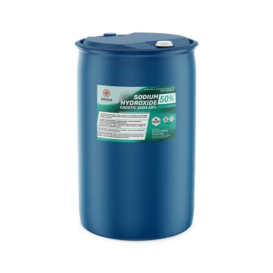 Standard wholesale packaging: 55-Gallon Drum of Caustic Soda Lye 50%, AI generated