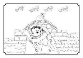 The third billy goat throws troll from the bridge. Three Billy Goats Gruff Colouring Sheets Sb10897 Sparklebox