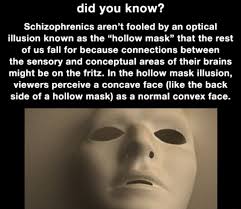 I've seen it in theme parks and museums like the exploratorium, and the disneyland haunted house thing. Did You Know Schizophrenics Aren T Fooled By An Optical Illusion Known As The Hollow Mask That The Rest Of Us Fall For Because Connections Between The Sensory And Conceptual Areas Of Their
