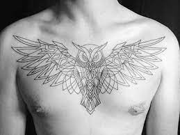 Flying Owl Male Geometric Upper Chest Tattoos Geometric Owl Tattoo Owl Tattoo Chest Geometric Owl
