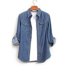 Mens size large blue denim jean shirt, button down with a large patchwork quilt block in the back and tea stained flower material patched in the front. Women Denim Shirts Tops Autumn Long Sleeve Blue Jeans Shirt Ladies Casual Blouses Femininas Spring Plus Size Jeans Blouse Onshopdeals Com