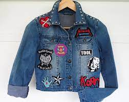 Bad Art Restless Hands Medium M Denim Battle Jacket Blue Green Gray Black Floral Back Patch Studded Shoulder Spikes Epaulettes Battle Jacket Denim Jacket Fashion Jackets