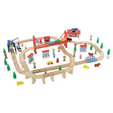 Hape e3766 70 piece railway train table and set toy with battery powered locomotive with removable playmat surface and storage for kids 3 years and up. Big City Wooden Adventure Train Set Early Learning Centre