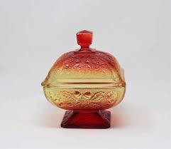Dish Candy Trinket With Lid Amberina Flashed Acorn Line 125 By Jeannette Glass Sold Antigo Trunk