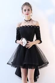 Off Shoulder High Low Homecoming Dress Tulle With Sleeves 71 1 Bls86041 Sheprom Com With Images Beautiful Cocktail Dresses Black Cocktail Dress Homecoming Dresses
