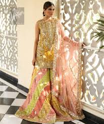 Amber Shirt Pink Peach Dupatta Multiple Color Sharara Pakistani Bridal Dresses Pakistani Bridal Wear Pakistani Wedding Outfits