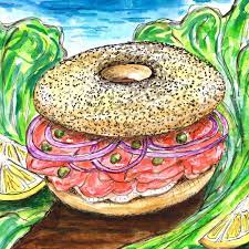 Original Watercolor Painting Art For Kitchen Lox And Cream Etsy Poppy Seed Bagels Cheese Bagels Bagel Sandwich