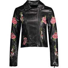 Floral Patched Rivet Embellished Faux Leather Jacket 45 Liked On Polyvore Featuring Outerwear Leather Look Jackets Vegan Leather Jacket Embellished Jacket