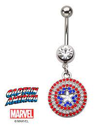 Officially Licensed Marvel Comics Red Blue Clear Cz Captain America Dangle Belly Button Navel Ring Piercing Bar Body Jewelry Body Jewelry Navel Rings Clear Cz