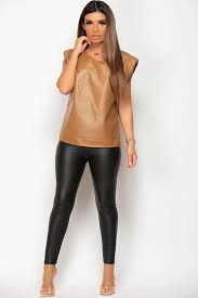 Ladies faux leather thermal basic tops pullover crew neck stretch blouse casual. Womens Vegan Faux Leather Padded Shoulder Vest Top Tan Styledup Co Uk