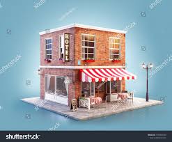 Unusual 3d Illustration Of A Cozy Cafe Coffee Shop Or Coffeehouse Building With Striped Awning And Outdoor Tablescafe Cozy Cafe Modern Coffee Shop Coffee Shop