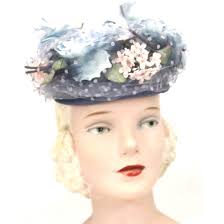 Vintage Womens hat 1940s Frank Palma Jr. Pillbox Blue Garden Party Flo