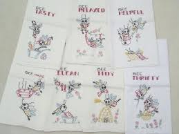 Blue birds hand embroidered vintage flour sack towel uniquely embroidered flour sack towels. Vintage Days Of The Week Embroidered Kitchen Towels Busy Bee Worker Bees