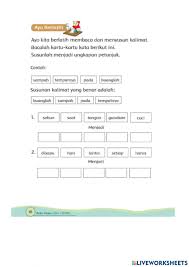 Sebagai indormasi tambahan, soal tematik bahasa indonesia kelas 1 lengkap dengan kunci jawaban ini sudah terdapat banyak sekali contoh butir pertanyaan hinggap 50 soal pilihan ganda (semester 1 terdapat 25 soal dan semester 2 memiliki 25 soal) ditambah 30 (semester 1 dan 2) soal isian dan 20 soal uraian atau essay (semester 1 dan 2). Menyusun Kalimat Worksheet