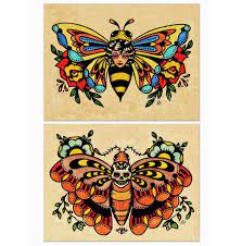 Old School Tattoo Art Flash Bee Butterfly Skull Moth Prints Etsy Old School Tattoo Art Tattoo Old School Tattoo Designs