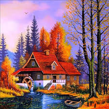 5d Diamond Painting Cottages And Woods In Autumn Paint With Diamonds Art Crystal Craft Decor Autumn Painting Landscape Paintings Nature Art Painting