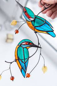 Kingfishers On A Branch Stained Glass Window Hanging Decor Stained Glass Window Hanging Stained Glass Birds Stained Glass Windows