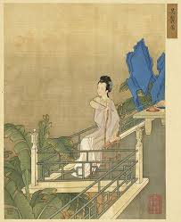 溫庭筠 菩薩蠻 蕊黃無限當山額 宿妝隱笑紗窗隔 相見牡丹時 暫來還別離 翠釵金作股 釵上蝶雙舞 心事竟誰知 月明花滿枝 story books illustrations prominent artist art painting