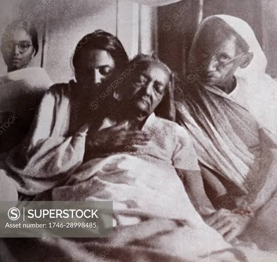 Kasturba Gandhi wife of Mahatma Gandhi on her deathbed at the Palace of the Aga Khan, in Pune, Maharashtra State. 1944. The Palace, became the place of internment for Indian Independence leaders
