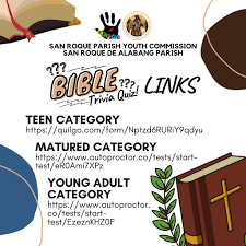 Feb 10, 2020 · a unique bible trivia game where everyone is involved at the same time. San Roque Parish Youth Commission Srpyc Today Is Online Bible Trivia Quiz Here Is The Link For Each Category Teen Category For Ages 7 To 12 Yrs Old Matured Category For