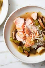Slow Roasted Salmon With Mushroom Leek Broth Recipe Recipe Seafood Entrees Roasted Salmon Vegetarian Recipes Healthy