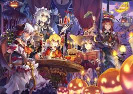 konachan com 171131 book braids cake dress drink fang gloves group hat headdress koakuma maid pumpkin red eyes red hair anime halloween anime wallpaper anime