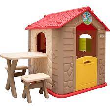 Ein riesiges kinderspielhaus für den garten mit einer blauen rutsche und zwei schaukeln lassen den. Garten Kinderhaus Mit Tisch Kunststoff Littletom Mytoys