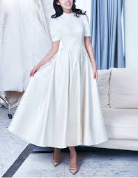 Timeless chic size 10 florence tea length vintage style lace wedding dress with sleeves. Vintage A Line Crew Neck Ankle Length Satin Wedding Dresses With Short Sleeves Us 135 99 Buybuystyle Com