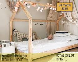 Underneath the bed, add a couch, floor cushions or even another bed for an extra sleeping place when the surf club comes to call. Toddler House Bed Frame Us Twin Size Montessori Bed Plan Etsy House Frame Bed Toddler House Bed Diy Twin Bed Frame