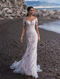 Seductive White Ivory Mermaid Wedding Dress Long Sleeve Lace Appliques A Thrifty Bride Shop Fitted Lace Wedding Dress Boho Bridal Dress Wedding Dresses Lace