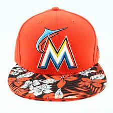 Miami Marlins Hat New Era 7 3 4 Fitted Mlb Baseball 59fifty Cap Orange Flowers Newera Miamimarlins Miami Marlins New Era Mlb Baseball