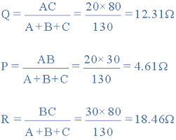 The solution of this circuit with branch current or mesh current analysis is fairly involved, and neither the millman nor superposition theorems are of any help since there's only one source of power. Delta Star Transformation