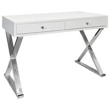 Featuring multiple compartments, a sturdy desktop, and a reusable blackboard, this wood piece is a versatile furniture, optimizing the use of your home space. Worlds Away Jared Two Drawer White Lacquer Desk With Stainless X Legs Unlimited Furniture