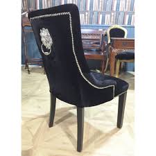 Available in a range of colours. Contemporary Upholstered Black Velvet Silver Lion Knocker Dining Chair Buttoned Scoop Back Wooden Leg Frame