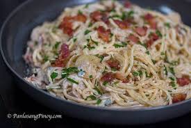 Filipino Style Creamy Bacon And Mushroom Carbonara Panlasang Pinoy Carbonara Recipe Creamy Carbonara Mushroom Carbonara
