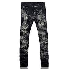 Men S Slim Elastic Jeans With Dragon Print Printed Jeans Men Jeans Brands Slim Denim