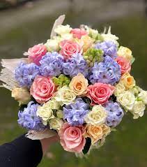 The perfectly pretty pastel flowers of spring. Flower Bouquet Of Pastel Color Roses And Hyacintus