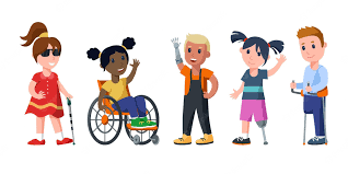 Conjunto De Ilustracoes Vetoriais De Criancas Com Deficiencia Fisica Dos Desenhos Animados Menina Cega Com Bengala Crianca Em Cadeira De Rodas Criancas Com Protese De Braco Perna Pe Deficiencia Saude Conceito De