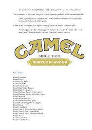 This details the amount of tar, nicotine and carbon monoxide contained in each cigarette. Camel Variety Camel Blue Camel Filter Camel Silver